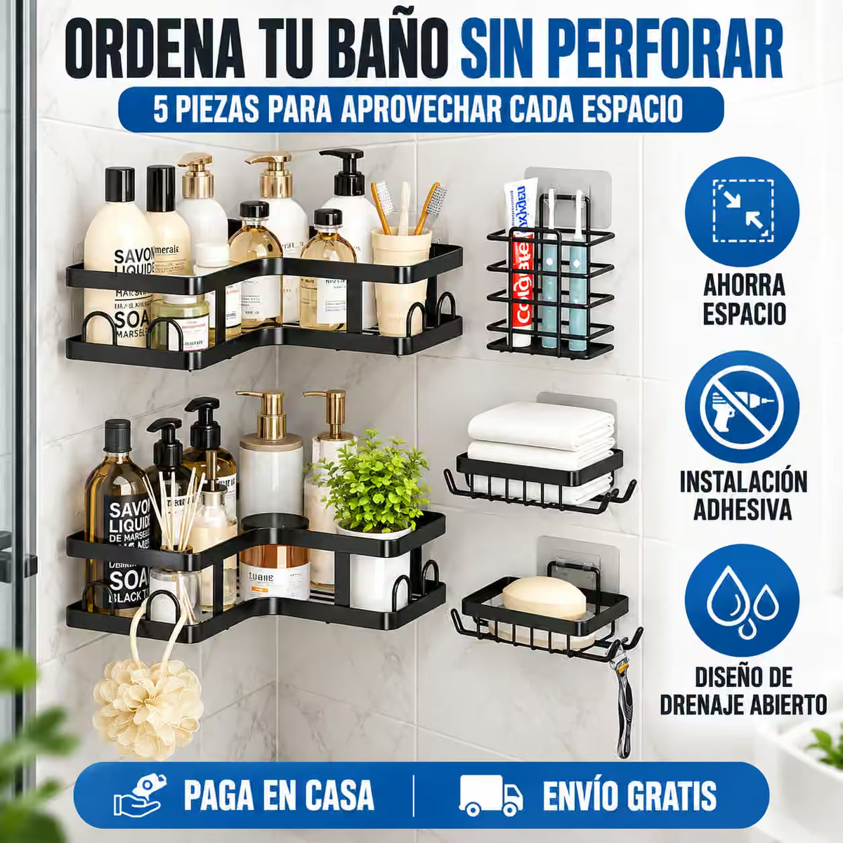Organizador de Baño Esquinero Estante de Pared 5 Piezas®