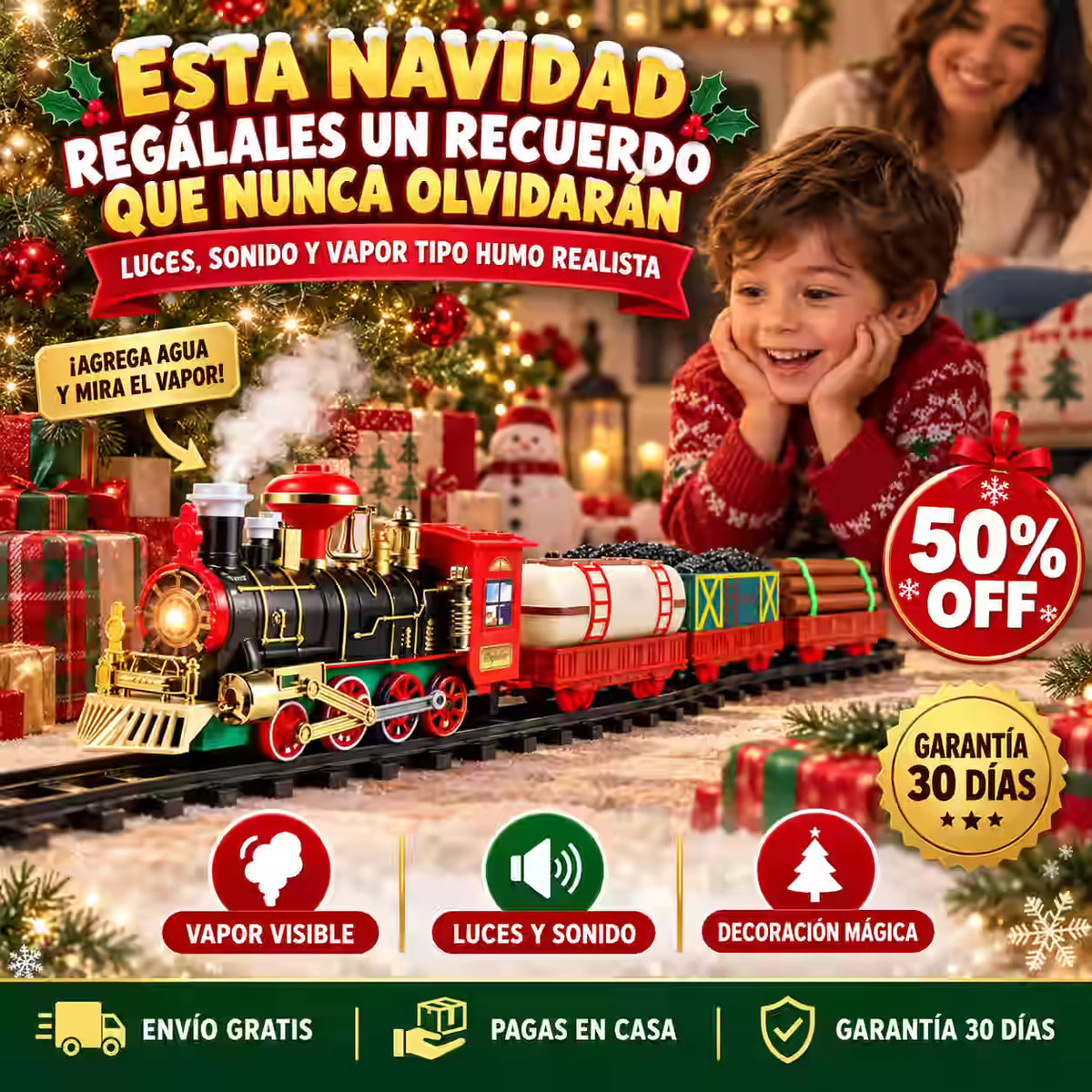 Tren Eléctrico Navideño con Humo Real