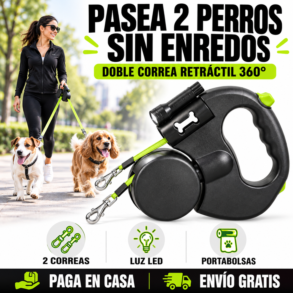 Correa Retráctil Para Mascotas 2 en 1