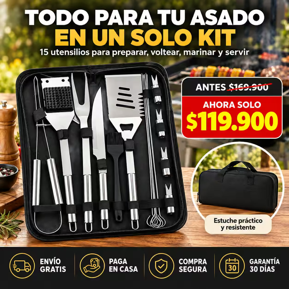 GrillCraft™ | El kit parrillero que no se dobla x15 Piezas