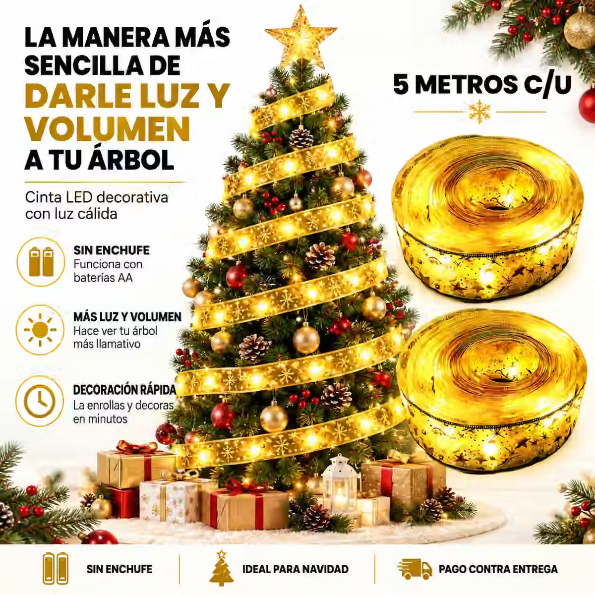 Cinta Navideña Luz Led 5 metros ( Amarillo Tradicional)