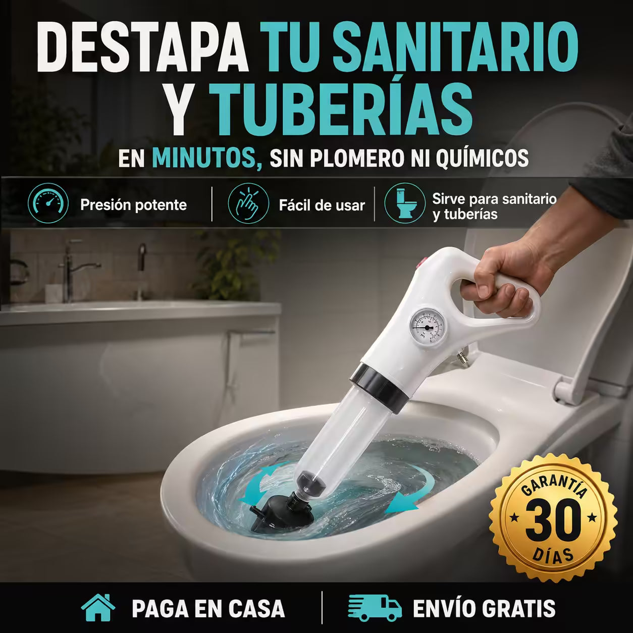 Bomba para destapar Sanitarios y Cañerias