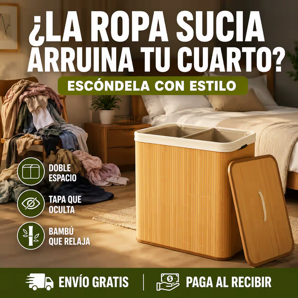 Cesto de Bambú para Ocultar y Organizar la Ropa Sucia®, 60 cm de altura