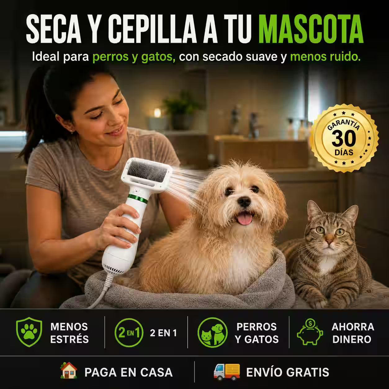 Cepillo secador de pelo para perros y gatos + 🎁