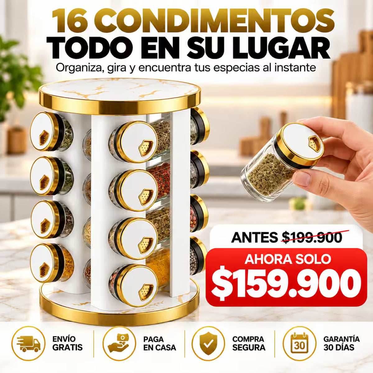 Organizador de Condimentos Giratorio x 16 Frascos, Diseño Marmoleado