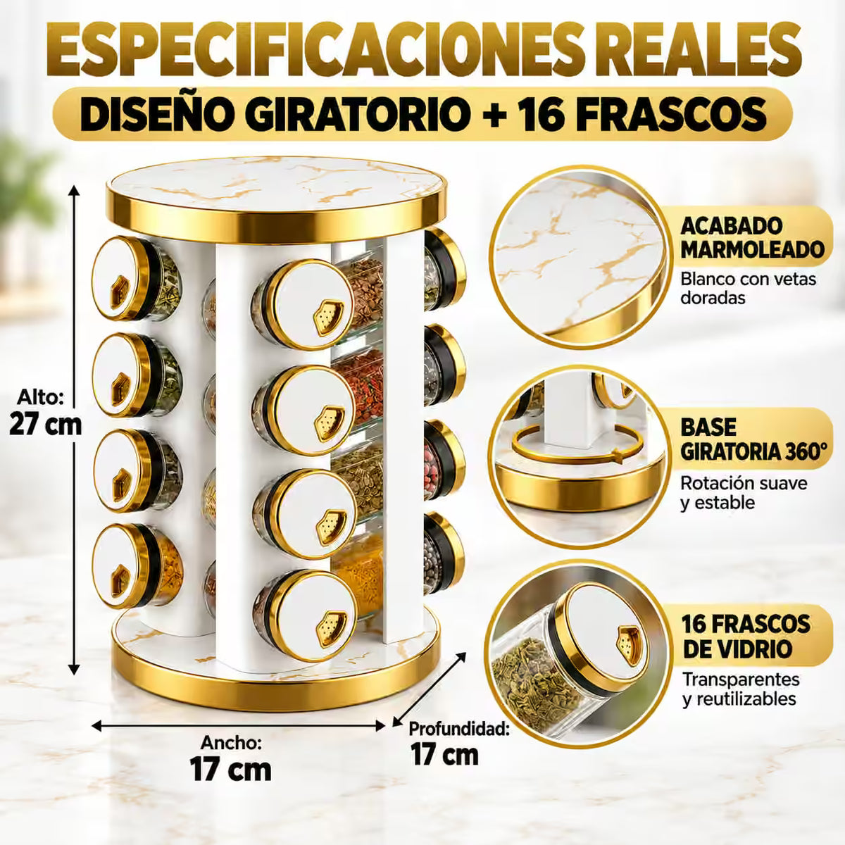 Organizador de Condimentos Giratorio x 16 Frascos, Diseño Marmoleado