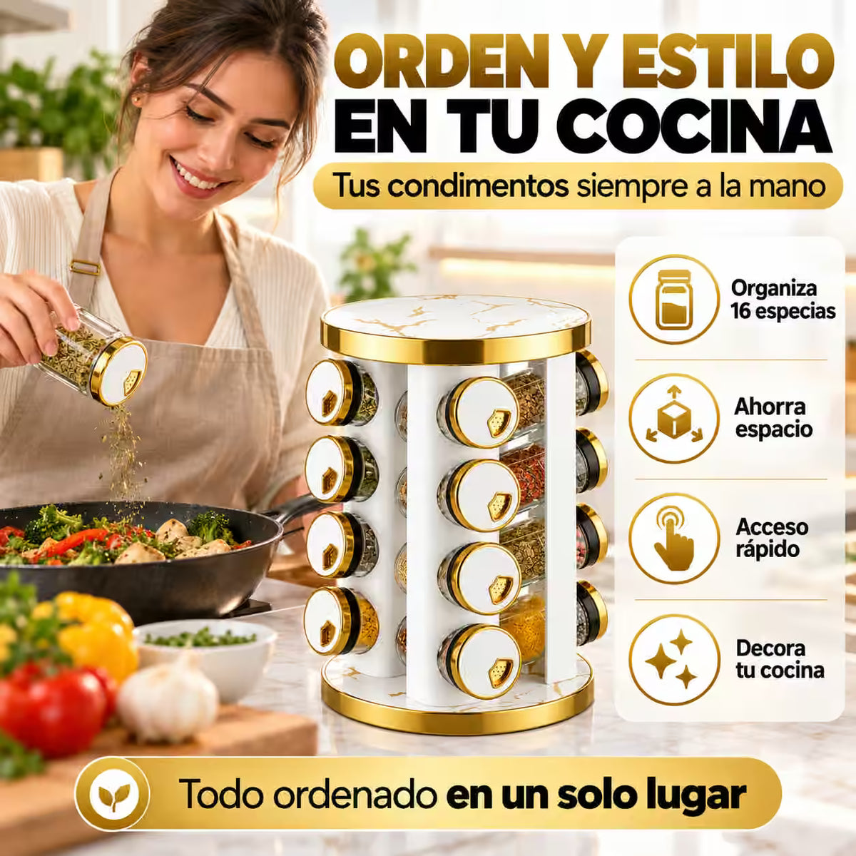Organizador de Condimentos Giratorio x 16 Frascos, Diseño Marmoleado