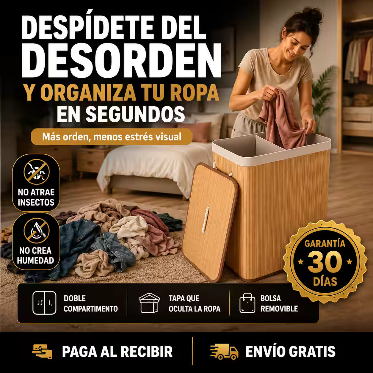 Cesto Organizador Doble para Ropa en Bambú Natural con Forros Removibles® 60 cm de altura