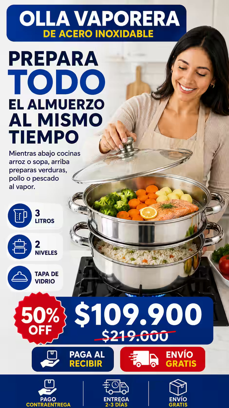 Olla Vaporera  2 Niveles en Acero Inoxidable